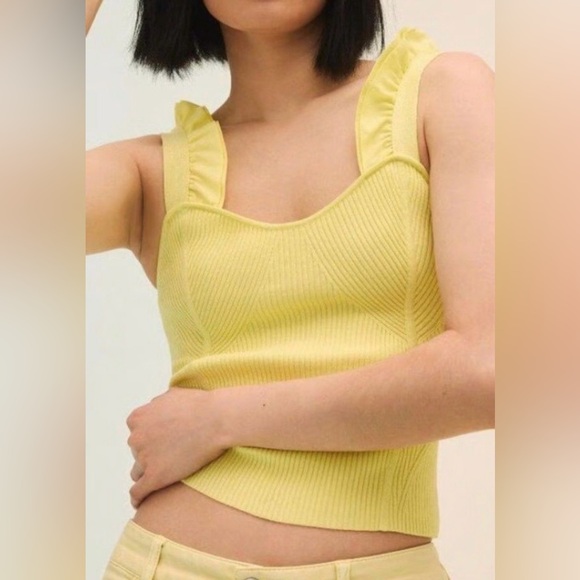 Anthropologie Maeve Yellow‎ Ruffle Sleeve Ribbed Top